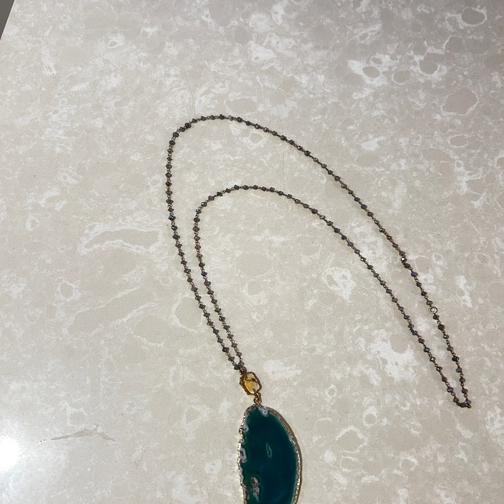 Green Agate Pendant on Glass & Gold Beaded Necklace -Women’s Jewelry